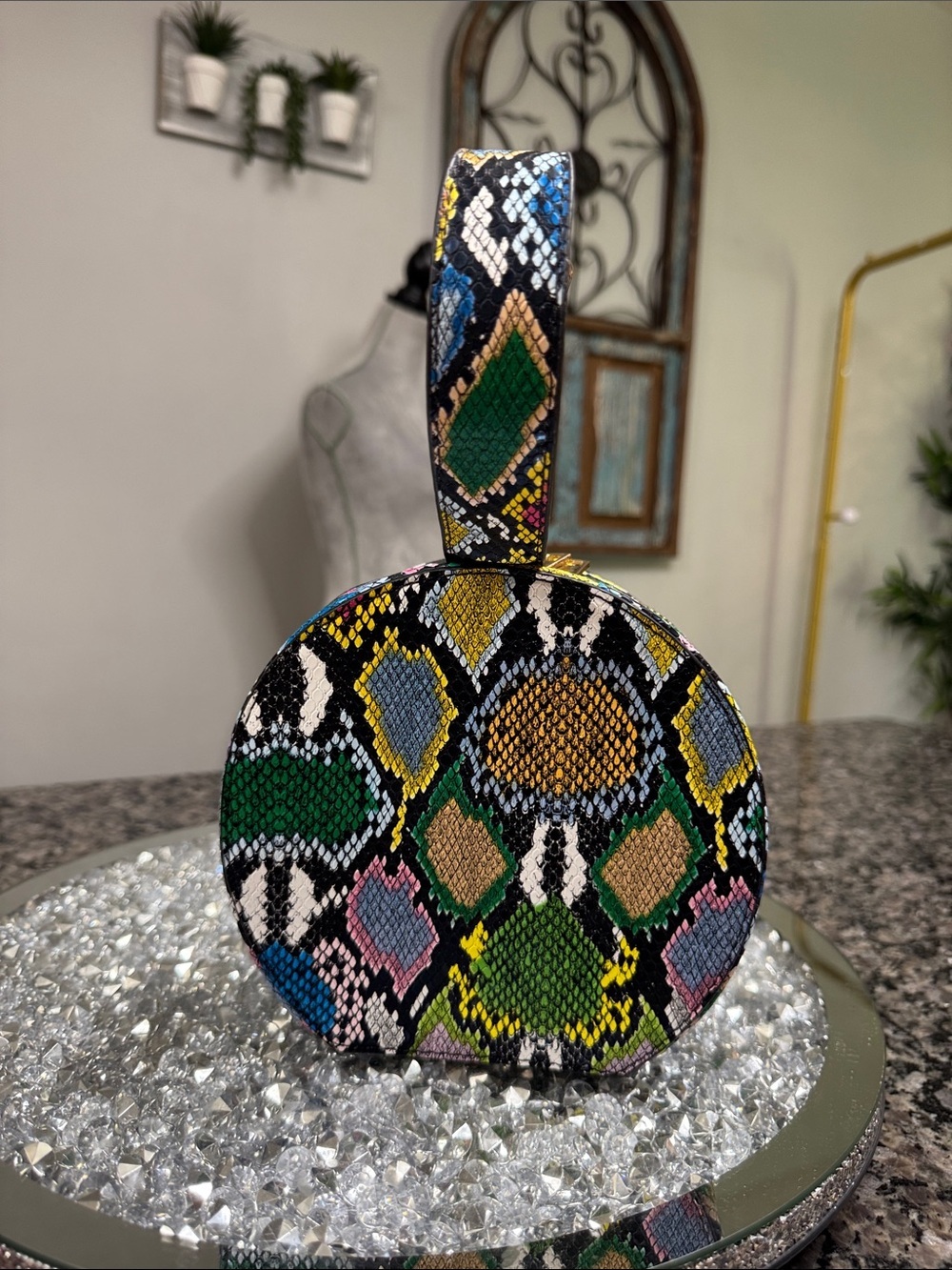 Multicolor Python-Print Round Wristlet mini Bag EUC - Picture 5 of 15